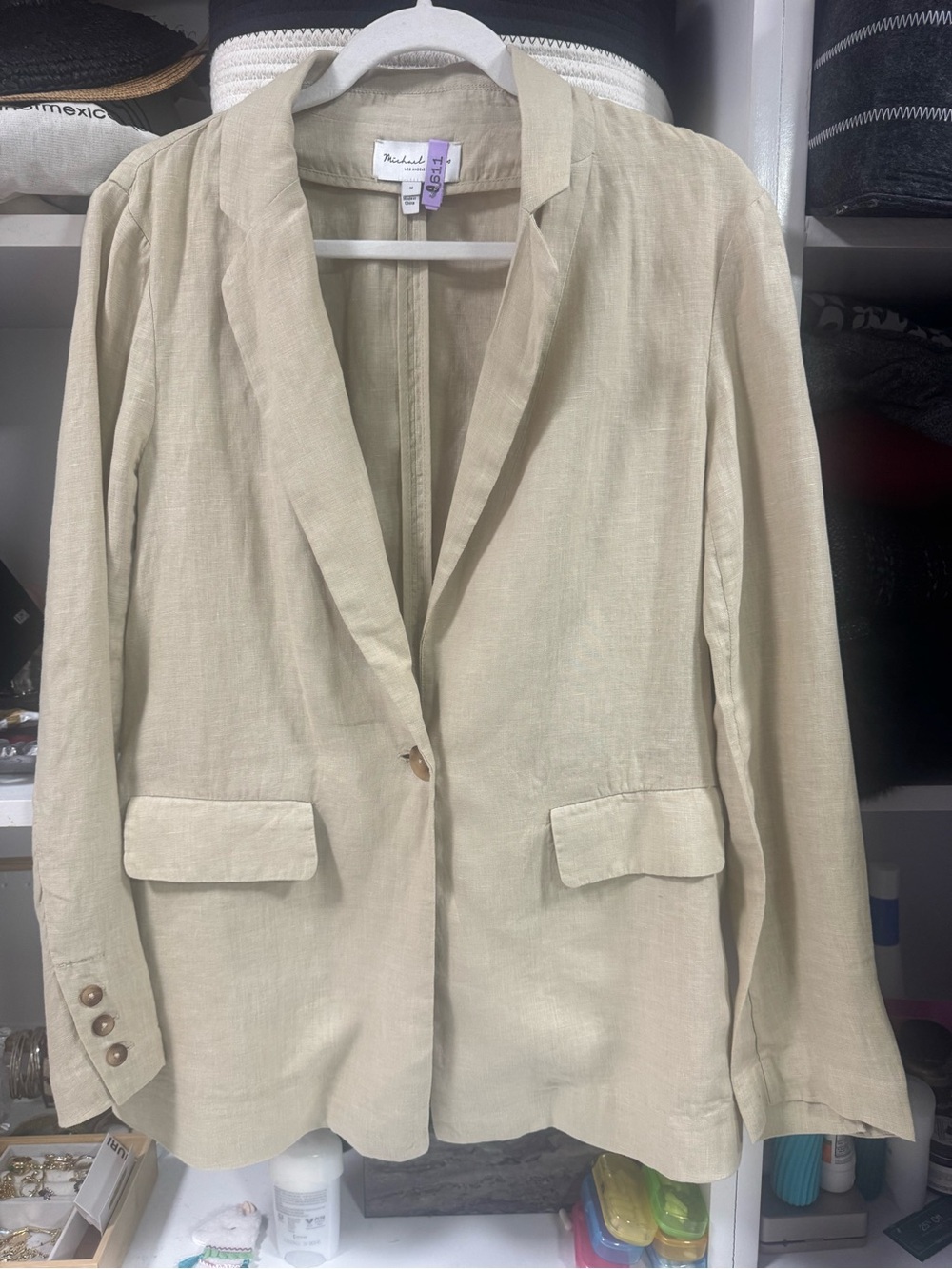 Michael Stars 100% Linen Beige Blazer Jacket Size M Neutral Coastal Chic - Picture 3 of 7